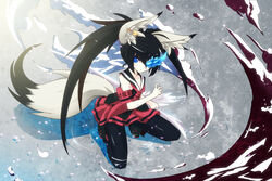  animal_ear_fluff animal_ears black_hair blade_&amp;_soul blue_eyes commentary_request dress earrings female fighting_stance flat_chest glowing glowing_eye highres jewelry long_hair looking_at_viewer lyn_(blade_&amp;_soul) multicolored_hair pantyhose photoshop_(medium) solo tail twintails two-tone_hair uiu very_long_hair water white_hair 