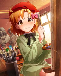  ahoge art_brush art_room beret blush brown_eyes brown_hair canvas_(object) easel female hair_ribbon hat idolmaster idolmaster_million_live! looking_at_viewer official_art paintbrush painting_(action) palette_(object) ribbon sculpture short_hair solo upper_body wavy_mouth yabuki_kana 