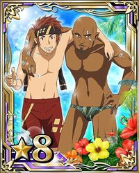  2boys agil agil_(sao-alo) arm_around_shoulder bad_source bald bandana brown_eyes brown_hair card_(medium) dark-skinned_male dark_skin day flower grin groin hand_on_own_hip hibiscus klein_(sao) klein_(sao-alo) looking_at_viewer male_focus male_swimwear multiple_boys muscular muscular_male navel ocean official_art orange_flower outdoors pointy_ears red_flower smile spiked_hair sword_art_online sword_art_online:_code_register topless_male yellow_flower 