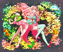  2girls ai-kun bad_id bad_pixiv_id bare_shoulders bird blonde_hair blue_eyes bow breasts cleavage coattails cosplay costume_switch dress frilled_cuffs frills full_body green_hair green_legwear hat heart high-waist_shorts high_heels holding lion long_hair looking_at_viewer macross macross_frontier macross_frontier:_sayonara_no_tsubasa multiple_girls necktie nurse nurse_cap pink_legwear platform_footwear platform_heels polka_dot polka_dot_legwear ranka_lee ranka_lee_(cosplay) red_eyes sheryl_nome sheryl_nome_(cosplay) short_hair short_shorts shorts side_slit stuffed_animal stuffed_toy syringe teddy_bear thighhighs top_hat whale yomoya 