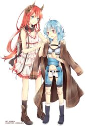  2girls alpha_(acerailgun) android artist_name blue_eyes blue_hair borrowed_character braid breasts coat commentary commission doll_joints dress english_commentary erica_(acerailgun) full_body gun hand_on_another&#039;s_shoulder horns joints long_hair miss-ariellia multiple_girls navel original red_eyes red_hair rifle sleeveless small_breasts transparent_background twin_braids very_long_hair weapon 