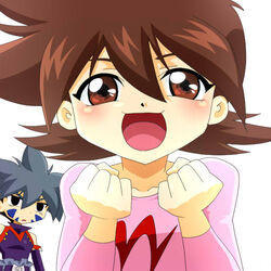  00s 1boy 90s bakuten_shoot_beyblade beyblade blush breasts brown_eyes brown_hair character_request female female short_hair small_breasts smile solo tachibana_hiromi 