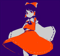  blending blue_background bow commentary_request detached_sleeves expressionless female hair_tubes hairbow hakurei_reimu high_contrast monochrome red_bow ringo_su short_hair skirt skirt_set solo touhou wide_sleeves 