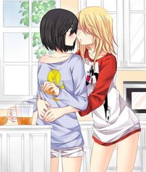  2girls black_hair blonde_hair blush closed_eyes collarbone colored_eyelashes commentary commission dress english_commentary food fruit girl_friends_(manga) hug imminent_kiss indoors kitchen kumakura_mariko long_sleeves looking_at_another looney_tunes multiple_girls mylovelydevil oohashi_akiko orange_(fruit) pitcher_(container) raglan_sleeves short_hair short_shorts shorts sweater sweater_dress swept_bangs sylvester_(looney_tunes) tweety_bird yuri 