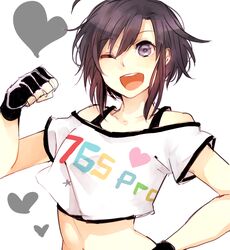  bare_shoulders black_hair commentary_request crop_top female fingerless_gloves gloves idolmaster idolmaster_(classic) kikuchi_makoto midriff navel omochiko one_eye_closed purple_eyes solo street_hopper_(idolmaster) 