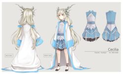  artist_name blind border borrowed_character cecilia_(acerailgun) character_name coat commentary commission dress english_commentary female full_body horns long_hair long_sleeves miss-ariellia multiple_views original reference_sheet shoes simple_background twintails very_long_hair white_border white_hair wide_sleeves witch yellow_eyes 