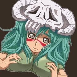  arrancar awa bleach blush breasts espada facial_mark female green_hair hollow long_hair lowres neliel_tu_oderschvank nelliel_tu_odelschwanck oekaki simple_background skull solo 