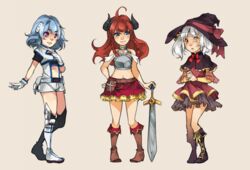  ahoge alpha_(acerailgun) android bare_shoulders belt blue_eyes blue_hair boots borrowed_character braid c-r-y-s capelet cecilia_(acerailgun) dress erica_(acerailgun) full_body gloves hand_on_hilt hand_on_hip hand_on_own_chest hands_clasped hat heterochromia horns long_hair midriff multiple_girls navel original own_hands_together pink_eyes red_hair simple_background skirt sword thigh_boots thighhighs twin_braids twintails weapon white_hair witch witch_hat yellow_eyes 