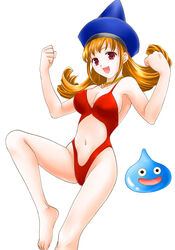  :d alena_(dq4) armpits barefoot beads black_eyes blush breasts casual_one-piece_swimsuit cleavage clenched_hands clothing_cutout commentary_request dragon_quest dragon_quest_iv feet female groin hat highleg highleg_swimsuit jewelry large_breasts leg_lift long_hair looking_at_viewer navel navel_cutout necklace one-piece_swimsuit ooshima_towa open_mouth orange_hair photoshop_(medium) raised_fist red_eyes red_one-piece_swimsuit revealing_swimsuit_(dq) sidelocks simple_background slime_(dragon_quest) smile solo swimsuit white_background 