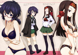  2girls absurdres black_legwear blue_bra blue_eyes blue_hair blue_panties boots bra breast_hold breasts brown_eyes brown_hair cleavage cowboy_shot crossed_arms girls_und_panzer glasses green_skirt grin headband highres jacket jacket_on_shoulders kurashima_tomoyasu large_breasts loafers low_ponytail multiple_girls muneate one_eye_closed ooarai_school_uniform oryou_(girls_und_panzer) panties parted_bangs plaid plaid_bra plaid_panties pleated_skirt red-framed_eyewear saemonza_(girls_und_panzer) sakamoto_clan_(emblem) sanada_clan_(emblem) scan school_uniform semi-rimless_eyewear serafuku shoes sidelocks skirt small_breasts smile sweatdrop thighhighs under-rim_eyewear underwear 