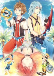  4boys anger_vein bangle blue_eyes blue_hair bracelet brown_hair closed_eyes cloud commentary day disney donald_duck english_commentary female furry gloves goggles goggles_on_headwear goofy grin hat highres jewelry kairi_(kingdom_hearts) keyblade kingdom_hearts kingdom_key miss-ariellia multiple_boys over_shoulder palm_tree pendant photoshop_(medium) red_hair riku_(kingdom_hearts) scepter shield sky sleeping smile sora_(kingdom_hearts) soul_eater_(kingdom_hearts) sword tree weapon weapon_over_shoulder zzz 