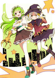  2girls bare_shoulders boots borrowed_character bow capelet cecilia_(acerailgun) cityscape commentary commission english_commentary flat_chest grappling_hook green_hair hand_on_headwear hat heterochromia izumi_k_rukawa long_hair maid_headdress multiple_girls open_mouth original pointy_ears rynn_(acerailgun) skirt star_(symbol) twintails white_hair witch witch_hat yellow_eyes 