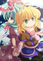  2girls ahoge arm_warmers back-to-back blonde_hair commentary_request dress front_ponytail green_eyes green_hair hair_ribbon highres holding_hands interlocked_fingers kagiyama_hina mizuhashi_parsee multiple_girls nullpooo pointy_ears red_dress ribbon scarf touhou 