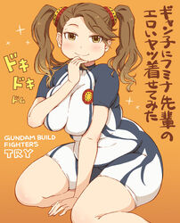  breasts brown_eyes brown_hair fat_rolls female gundam gundam_build_fighters gundam_build_fighters_try hair_ornament large_breasts looking_at_viewer plump sazaki_kaoruko simple_background sitting smile solo sparkle takagi_hideaki twintails 