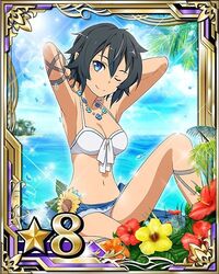  armpits arms_behind_head bad_source bikini bikini_skirt black_hair blue_eyes breasts card_(medium) cleavage collarbone female flower hair_between_eyes hibiscus jewelry looking_at_viewer medium_breasts navel necklace official_art one_eye_closed orange_flower philia_(sao) philia_(sao-alo) red_flower short_hair smile solo star_(symbol) swimsuit sword_art_online sword_art_online:_code_register white_bikini yellow_flower 