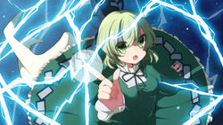  breasts commentary_request dress electricity female ghost ghost_tail green_dress green_eyes green_hair hat medium_breasts shiroi_hakuto short_hair smile soga_no_tojiko solo tate_eboshi touhou 