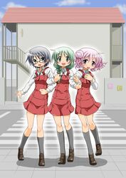  3girls bad_id bad_pixiv_id blue_hair blush braid glasses green_hair hidamari_sketch highres hiro_(hidamari_sketch) locked_arms long_hair looking_at_viewer multiple_girls natsume_(hidamari_sketch) open_mouth pink_hair sae_(hidamari_sketch) school_uniform short_hair skirt smile yoshitani_motoka 