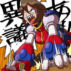  angry brown_hair desk_slam fangs female green_eyes gyakuten_saiban hat iris_(mega_man) lowres mega_man_(series) mega_man_x_(series) napo objection oekaki sharp_teeth shouting solo tears teeth translated unworn_hat unworn_headwear 