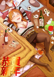  3e alcohol bag beer_can belt bottle bra bra_peek breasts brown_pantyhose can cellphone chips_(food) cleavage closed_eyes clothes_lift commentary_request crotch_seam cup drink_can drinking_glass drunk feet female food fruit huge_breasts idolmaster idolmaster_cinderella_girls katagiri_sanae kotatsu lying mandarin_orange messy_room miniskirt new_year no_shoes on_back open_mouth orange_hair panties panties_under_pantyhose pantyhose phone photoshop_(medium) potato_chips sake_bottle skirt skirt_lift slippers smartphone solo table thighband_pantyhose tissue_box twintails underwear used_tissue wine wine_bottle wine_glass 