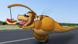  16:9 absurd_res chasing dinosaur extinct fatalglory128 feral hi_res open_mouth overweight overweight_feral paw_souls prehistoric_species ralph reptile running scalie slightly_chubby solo teeth tongue tongue_out toony widescreen 