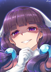  arkfield artist_name blend_s blunt_bangs commentary_request dated evil_grin evil_smile female gloves grin hair_bobbles hair_ornament half-closed_eyes hand_on_own_chin head_scarf light_trail long_hair looking_at_viewer low_twintails portrait purple_eyes sakuranomiya_maika shaded_face smile solo sparkle stile_uniform twintails waitress white_gloves 