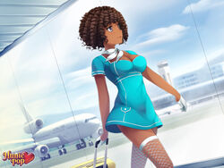  airport breasts brown_hair cleavage commentary dark-skinned_female dark_skin douglas_dc-10 dress dutch_angle english_commentary female fishnet_thighhighs fishnets flight_attendant game_cg gloves grey_eyes highres hunie_(series) huniepop large_breasts lola_rembrite neckerchief ninamo ringlets rolling_suitcase short_dress short_hair solo suitcase thighhighs travel_attendant uniform watermark white_gloves white_thighhighs 