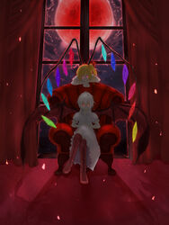  2girls absurdres alternate_eye_color backlighting bat_wings blonde_hair boots chair cloud collared_dress commentary_request crossed_legs curtains dark dress flandre_scarlet full_moon glowing glowing_eyes hair_between_eyes hands_on_own_knee head_tilt highres indoors knee_boots light_particles moon multiple_girls nagi_(xx001122) night night_sky no_headwear pink_dress pink_eyes pointy_ears red_eyes red_moon remilia_scarlet shirt siblings side_ponytail sisters sitting sky smile touhou white_hair white_shirt wings 