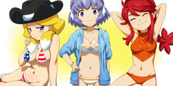  3girls :t american_flag american_flag_bikini american_flag_print arms_behind_head bikini blonde_hair blue_eyes blush breasts cleavage closed_eyes danball_senki earmuffs flag_print groin hairu hanasaki_ran hand_on_own_hip hat hood hoodie jessica_kaios kawamura_ami looking_at_viewer medium_breasts midriff multiple_girls navel ponytail print_bikini purple_eyes purple_hair red_hair smile striped_bikini striped_clothes swimsuit twintails underboob 