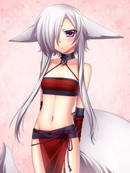  aika_(konshin) animal_ears arms_behind_back bare_shoulders blush closed_mouth collarbone commentary_request cowboy_shot female groin hair_over_one_eye konshin looking_at_viewer midriff navel original pelvic_curtain purple_eyes short_hair_with_long_locks solo standing strapless tail tube_top white_hair 