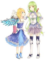  2girls angel angel_wings armor asymmetrical_wings blonde_hair blue_eyes borrowed_character cassie_(acerailgun) commentary commission cyborg dress earrings english_commentary feathered_wings fingerless_gloves flat_chest full_body gloves greaves green_hair hand_on_own_hip hands_on_own_hips jewelry long_hair mechanical_arms mechanical_wings miss-ariellia multiple_girls original pointy_ears rynn_(acerailgun) shoes single_mechanical_arm skirt smile thighhighs transparent_background vambraces very_long_hair winged_footwear wings yellow_eyes zettai_ryouiki 