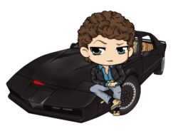  1boy animated animated animification black_jacket blue_legwear blue_shirt body_hair brown_hair buttons car chest_hair chibi closed_mouth collared_shirt commentary curly_hair david_hasselhoff english_commentary facing_viewer full_body glowing grey_eyes grey_pants jacket k.i.t.t knight_rider leather leather_jacket leg_lift long_sleeves looking_at_viewer male_focus mibu_no_ookami michael_knight motor_vehicle on_vehicle open_clothes open_jacket own_hands_together pants pectorals pontiac pontiac_firebird raised_eyebrow shirt shoes short_hair sitting smile smirk socks transparent_background vehicle_focus 