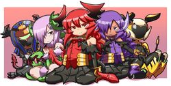  5girls :&lt; aged_down armor armored_dress bad_id bad_tumblr_id bare_shoulders black_legwear cable dark-skinned_female dark_skin demon_girl demon_horns demon_tail faceless faceless_female flat_chest fur_trim hair_over_one_eye horns humanoid_robot light_purple_hair long_hair maou_beluzel matsuda_yuusuke monster_girl multiple_girls nise_maou_dokuzeru nise_maou_kanizeru nise_maou_kikaizeru nise_maou_sukaraberu pantyhose plant_girl purple_eyes purple_hair red_eyes red_hair robot sitting smile tail wariza yuusha_to_maou 