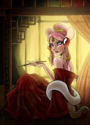  anthro cherushi cigarette clothed clothing female hair isabella_(cheru) mammal mouse murid murine pink_hair rodent solo 