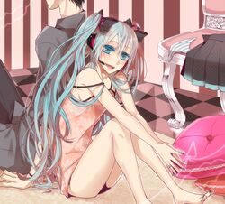  1boy aqua_eyes aqua_hair back-to-back barefoot bow checkered_floor cushion female hairbow hatsune_miku head_out_of_frame headset highres jewelry legs long_hair nail_polish open_mouth ring shimatani_(ayumei) sitting solo_focus strap_slip twintails very_long_hair vocaloid 