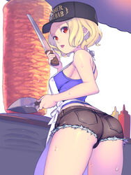  apron ass back bare_shoulders baseball_cap blonde_hair bottle breasts brown_shorts clothes_writing commentary_request cooking cowboy_shot cutoffs denim denim_shorts enkyo_yuuichirou female food food_stand from_behind grill hat headwear_writing highres hisho_collection holding ketchup knife lipstick looking_at_viewer looking_back makeup meat medium_breasts mustard open_mouth pink_lips pocket red_eyes rotisserie shawarma short_hair short_shorts shorts sideboob solo standing sweat tank_top thighs tongue tongue_out underbutt vertical_rotisserie white_background 