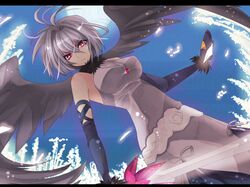  commentary_request covered_nipples elbow_gloves engi_threepiece female gloves hall_jion jewelry pendant red_eyes short_hair silver_hair solo sword weapon wings yumekui_merry 