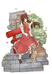  absurdres alternate_hair_length alternate_hairstyle ascot black_footwear bow box breasts broom brown_hair bush closed_mouth commentary detached_sleeves donation_box expressionless female frilled_bow frilled_skirt frills full_body grass hair_between_eyes hairbow hakurei_reimu hakurei_shrine hand_in_own_hair highres holding holding_broom light_frown long_hair long_skirt looking_at_viewer nagi_(xx001122) red_eyes red_shirt red_skirt shirt shoes simple_background skirt small_breasts solo stone_walkway torii touhou very_long_hair white_background white_legwear wide_sleeves wind 