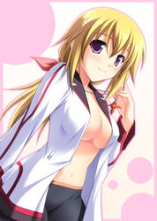  blonde_hair blush breasts charlotte_dunois cleavage commentary_request female infinite_stratos jewelry large_breasts long_hair navel no_bra open_clothes open_shirt pendant photoshop_(medium) pilot_suit purple_eyes shirt smile solo tsuda_akira 