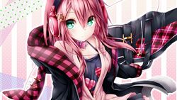  cropped green_eyes headphones long_hair original pink_hair skirt tyaba_neko 