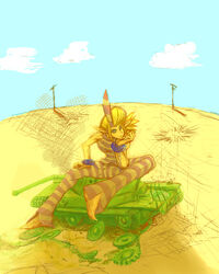  barefoot blonde_hair blue_eyes blue_sky breasts broken caterpillar_tracks chains commentary_request cuffs day female fingernails giant giantess green_eyes head_rest horns long_hair long_toenails medium_breasts military military_vehicle motor_vehicle muscular namasomi pointy_ears ponytail prison_clothes scythana shackles sharp_fingernails sharp_toenails single_horn sitting sitting_on_object skullgirls sky sleeveless solo tank toenails 