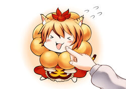  &gt;_&lt; :3 animal_ears animal_print blonde_hair blush cheek_poking chibi closed_eyes commentary_request cosplay dress female finger_to_face greave_(asterism) hat kemonomimi_mode mister_donut open_mouth poking pon_de_lion pon_de_lion_(cosplay) red_dress solo tail tiger_ears tiger_print tiger_tail tongue tongue_out toramaru_shou touhou 