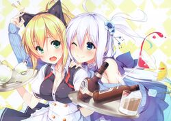  2girls animal_ears blonde_hair blue_eyes breasts catgirl choker cleavage drink fruit green_eyes headband long_hair open_shirt ponytail rozea waitress white_hair 