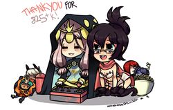  2girls aeon_(skullgirls) arcade_stick black_hair black_legwear cerebella_(skullgirls) character_doll chibi closed_eyes commentary_request controller folded_ponytail food game_controller garter_straps glasses hood jazzy joystick leviathan_(skullgirls) long_hair ms._fortune_(skullgirls) multiple_girls parasoul_(skullgirls) pink_hair playing_games popcorn scarf semi-rimless_eyewear siblings sisters skullgirls squigly_(skullgirls) thank_you thighhighs twintails venus_(skullgirls) vice-versa_(skullgirls) 