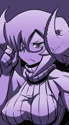  adjusting_eyewear bad_id bad_tumblr_id bare_shoulders bespectacled breasts demon_girl female frown glasses hair_over_one_eye highres large_breasts long_hair matsuda_yuusuke monochrome multicolored_eyes nise_maou_kanizeru oerba_yun_fang purple_theme ribbed_sweater sleeveless sleeveless_turtleneck solo sweater taut_clothes toned turtleneck yuusha_to_maou 