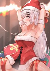  absurdres armpits bare_shoulders blush bondage bondage bound bound_arms bound_wrists bow box breasts christmas christmas_lights cleavage collarbone dress feet_out_of_frame female gift gift_box girls&#039;_frontline hair_between_eyes hair_ornament hairbow hairclip hat highres long_hair looking_away medium_breasts merry_christmas muteppona_hito official_alternate_costume open_mouth orange_eyes red_dress red_hat red_ribbon ribbon saliva saliva_trail santa_costume santa_dress santa_hat simple_background sitting solo spread_legs svd_(girls&#039;_frontline) svd_(winter_fairy)_(girls&#039;_frontline) tongue tongue_out white_hair 