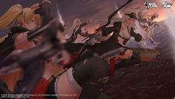  5girls absurdres aircraft azur_lane bare_shoulders belt bikini bikini_top_only black_bikini black_coat black_shorts black_skirt black_thighhighs blonde_hair boots bow_(weapon) breasts clenched_teeth cloak closed_eyes coat commentary_request compound_bow cutoffs dishwasher1910 dutch_angle elbow_gloves enterprise_(azur_lane) f4u_corsair fingerless_gloves flight_deck floating_hair gloves hammann_(azur_lane) hat highres holding hornet_(azur_lane) large_breasts long_hair looking_at_viewer military_hat miniskirt motion_blur multiple_girls navel ocean official_art outdoors outstretched_arm peaked_cap pleated_skirt portland_(azur_lane) shirt short_shorts shorts skirt sleeveless sleeveless_shirt swimsuit teeth thighhighs torn_clothes torn_thighhighs turret twintails water weapon white_hair white_shirt yorktown_(azur_lane) 