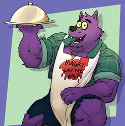  anthro apron bernard_(ok_k.o.!_lbh) canid canine canis cartoon_network clothing flannel_shirt hi_res male male_anthro mammal muscular muscular_anthro muscular_male mythological_canine mythological_creature mythology ok_k.o.!_let&#039;s_be_heroes serving_tray solo text text_on_apron text_on_clothing were werecanid werecanine werewolf wolf wulfer-shepherd 