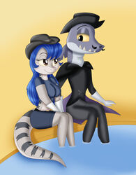  anthro belly blue-tongued_skink blue_hair bluebell_(kendraeevee) breasts brown_eyes clothing digital_media_(artwork) duo female fish hair hi_res kendratheshinyeevee lizard mako_(long_gone_gulch) male male/female mammal marine pond reptile romantic romantic_couple scalie shark skink striped_body stripes water white_belly wide_hips 