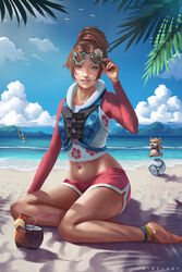  adjusting_eyewear anklet artist_name barefoot beach bikini bikini_shorts bird blue-framed_eyewear blue_sky boat branch brown_eyes brown_hair cloud cocktail_umbrella coconut commentary crop_top d.va_(overwatch) day drink drinking_straw eyewear_on_head facepaint facial_mark female fingernails floral_print flower fruit_cup full_body hair_flower hair_ornament hair_up hammond_(overwatch) hamster heart heart-shaped_eyewear hibiscus_print high_ponytail highres jewelry life_vest lips long_sleeves looking_at_viewer midriff mountain nail_polish navel nibelart nose ocean official_alternate_costume on_ground outdoors overwatch overwatch_1 palm_tree parted_lips patreon_username photoshop_(medium) pink_lips pink_nails pink_shirt pink_shorts raglan_sleeves rash_guard sailboat sand seagull shade shirt short_shorts shorts sitting skin_tight sky smile solo_focus summer sunglasses sunlight swimsuit tree tree_shade vest water watercraft watermark waveracer_d.va web_address whisker_markings windsurfing yokozuwari 