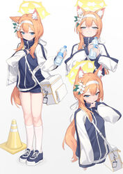  absurdres animal_ear_fluff animal_ears bag blue_archive blue_eyes blue_jacket bottle closed_mouth female flower full_body grin hair_flower hair_ornament hairband halo highres holding holding_bottle iyasu_shikaku jacket kneehighs long_hair long_sleeves mari_(blue_archive) mari_(track)_(blue_archive) multiple_views official_alternate_costume orange_hair shoes shoulder_bag simple_background smile socks standing traffic_cone turtleneck turtleneck_jacket white_background white_hairband white_socks yellow_halo zipper 